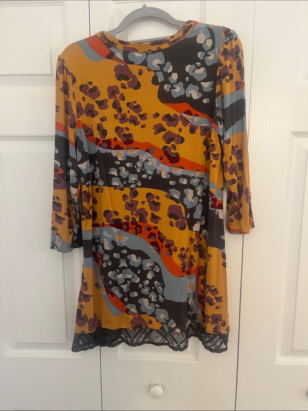 Multicolor Animal Print Lace-Hem Women's Top - Mustard Mix - Picture 5 of 5